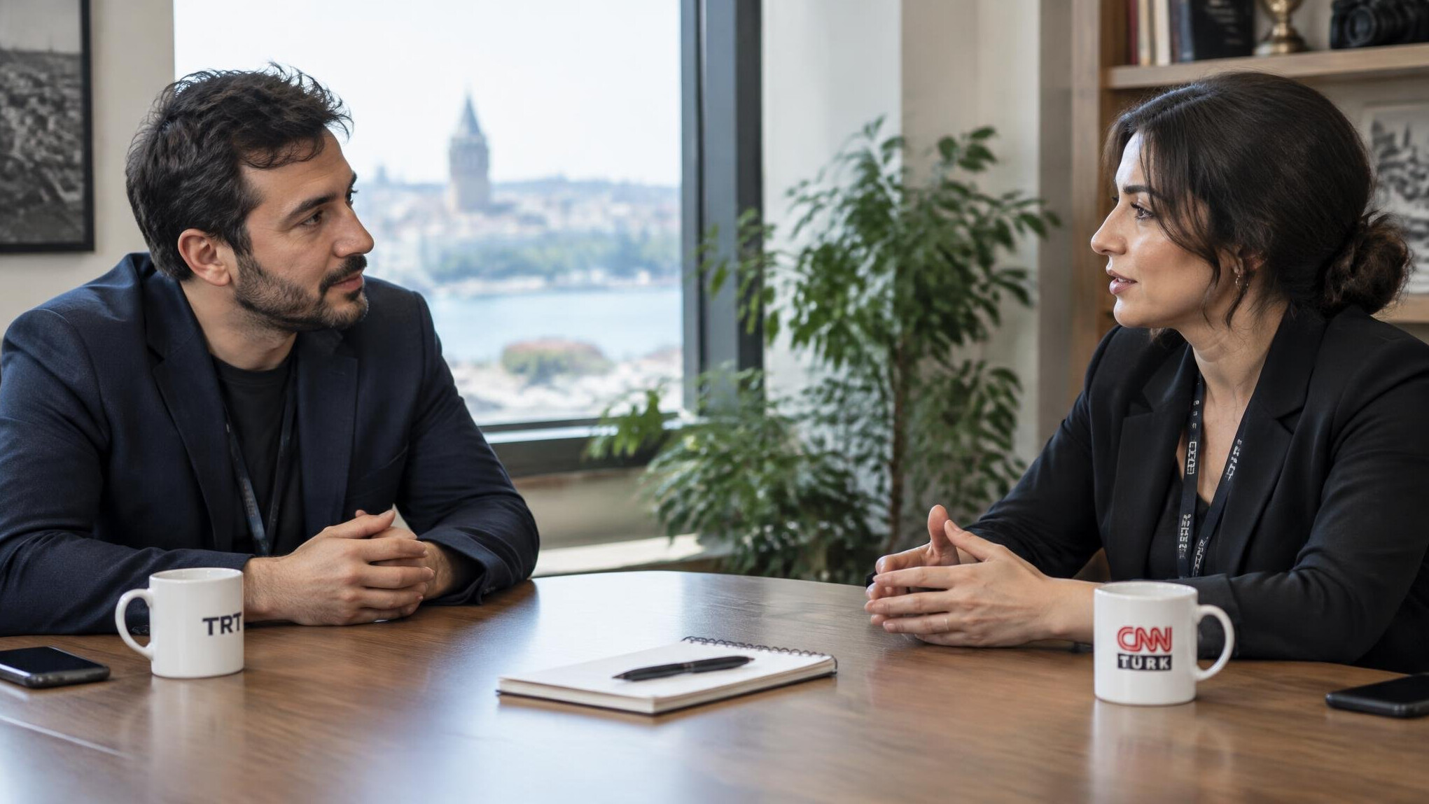 Two colleagues having a calm mediated conversation in an office setting