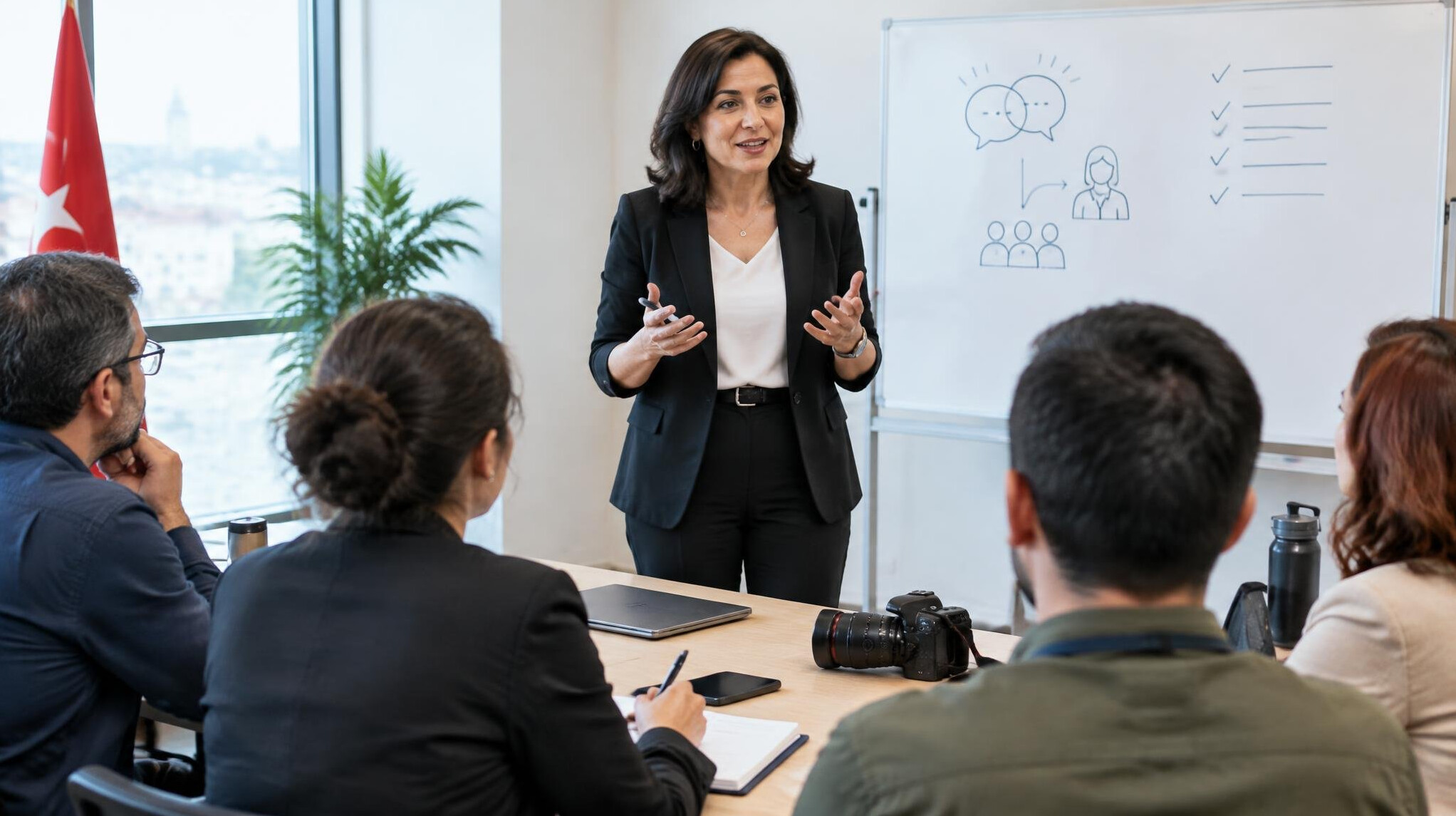 Trainer leading a communication skills workshop for journalists