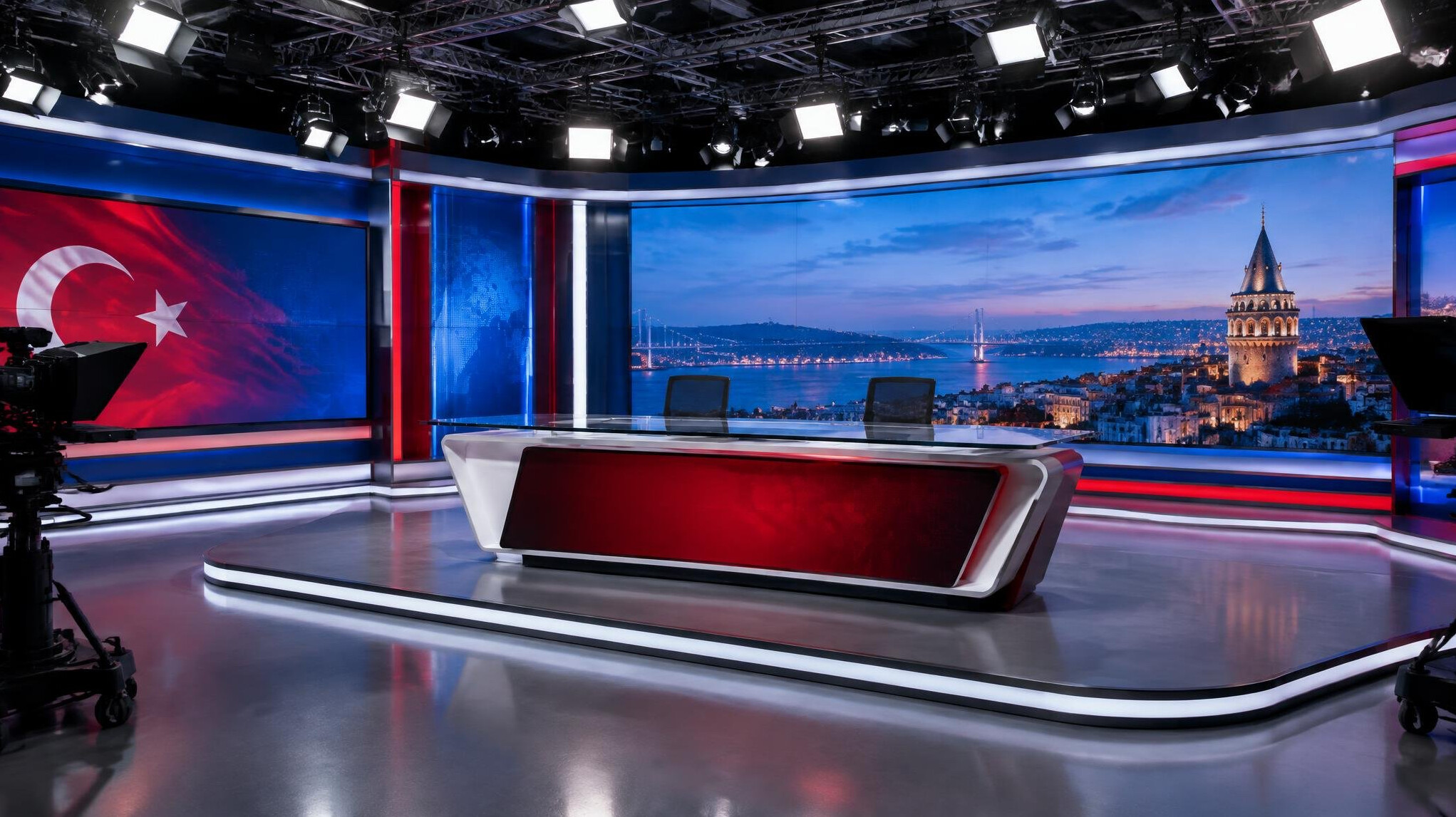 Empty modern television news studio set ready for broadcast