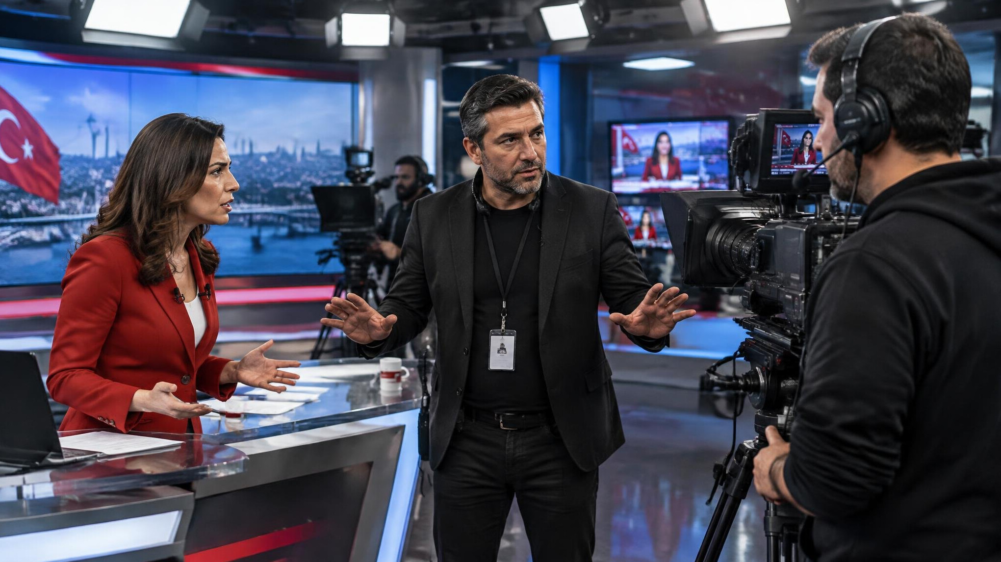 Director calming tension between crew members in a live TV studio during broadcast